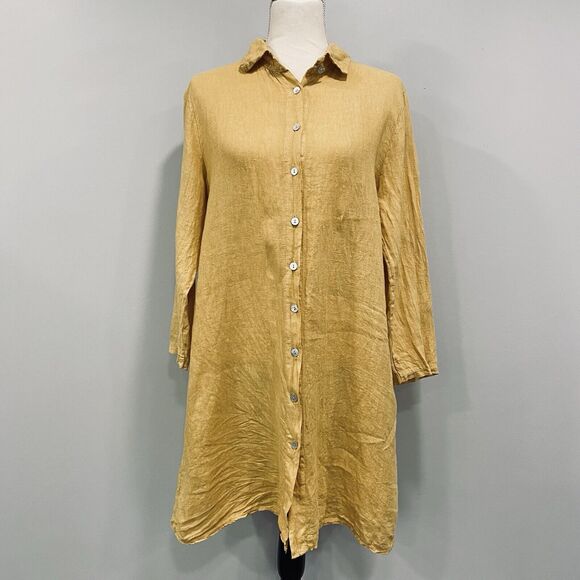 FRANCESCA BETTINI M Linen Yellow Button Shirt Dress Roll-Tab Cottage Lagenlook - Picture 15 of 16